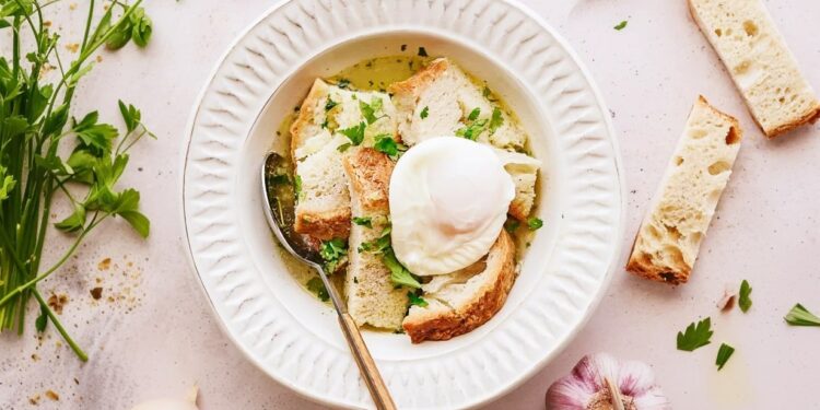 Portuguese garlic and cilantro soup (açorda alentejana)