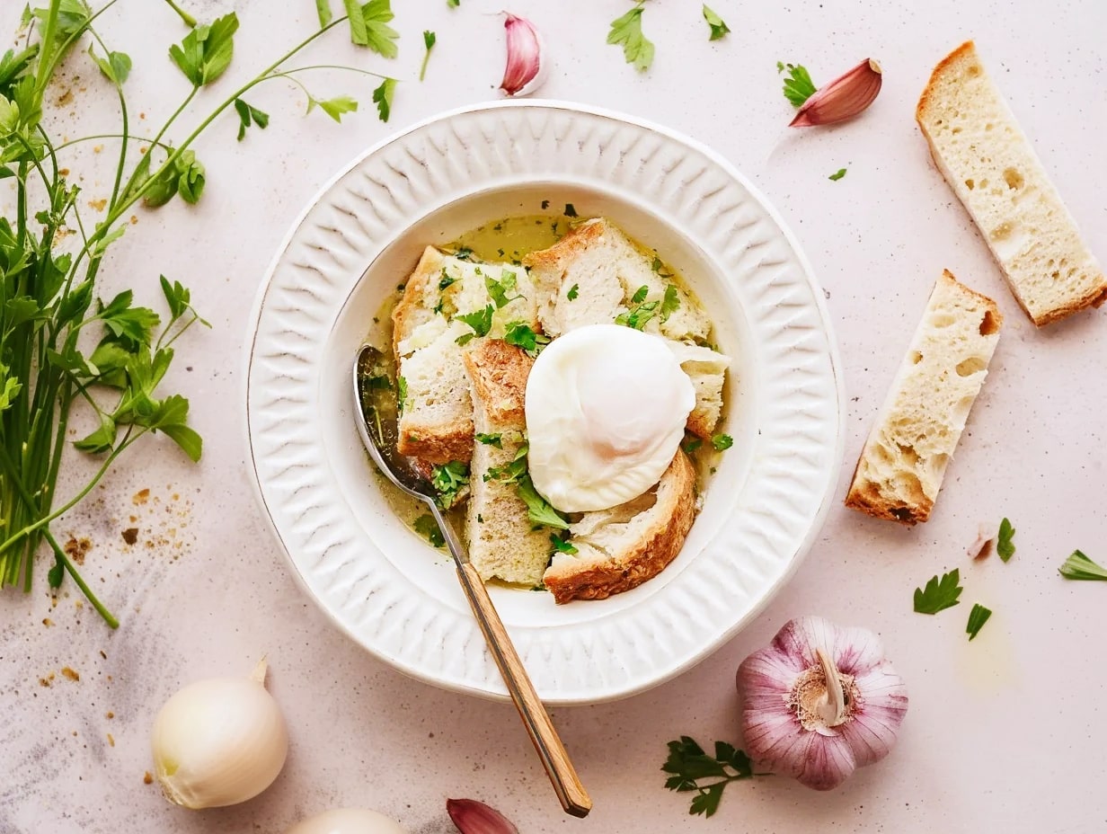 Portuguese garlic and cilantro soup (açorda alentejana)