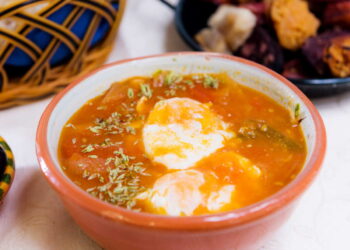 Sopa de Tomate Alentejana (Portuguese Tomato Soup with Poached Eggs)