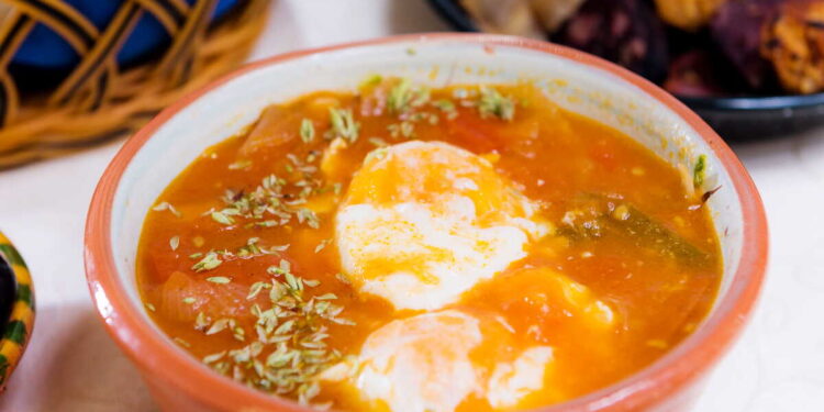Sopa de Tomate Alentejana (Portuguese Tomato Soup with Poached Eggs)