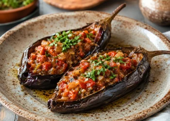Imam Bayildi (Turkish Braised Stuffed Eggplant in Olive Oil)