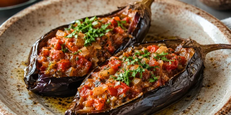 Imam Bayildi (Turkish Braised Stuffed Eggplant in Olive Oil)