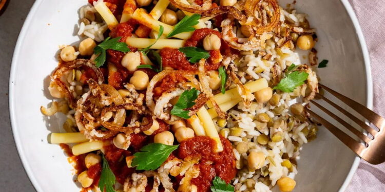 Koshari (Egyptian Lentils, Rice and Macaroni with Spiced Tomato Sauce)